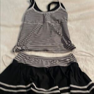 Striped Black and White Tank Top and Skirt Swim Set